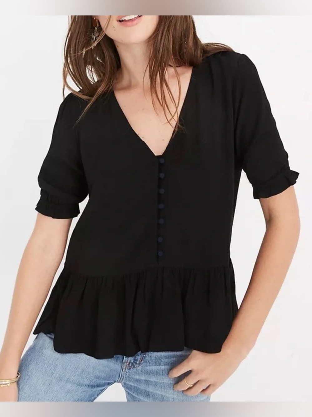 Madewell Courtyard Ruffle-Hem Top in Black Sz xs
